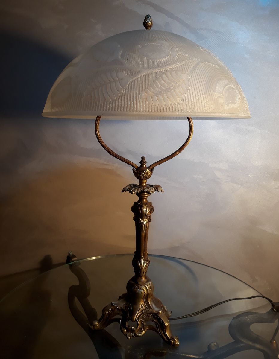 lampe bronze doré abat jour verre epais 8ml motif fleural – Luckyfind