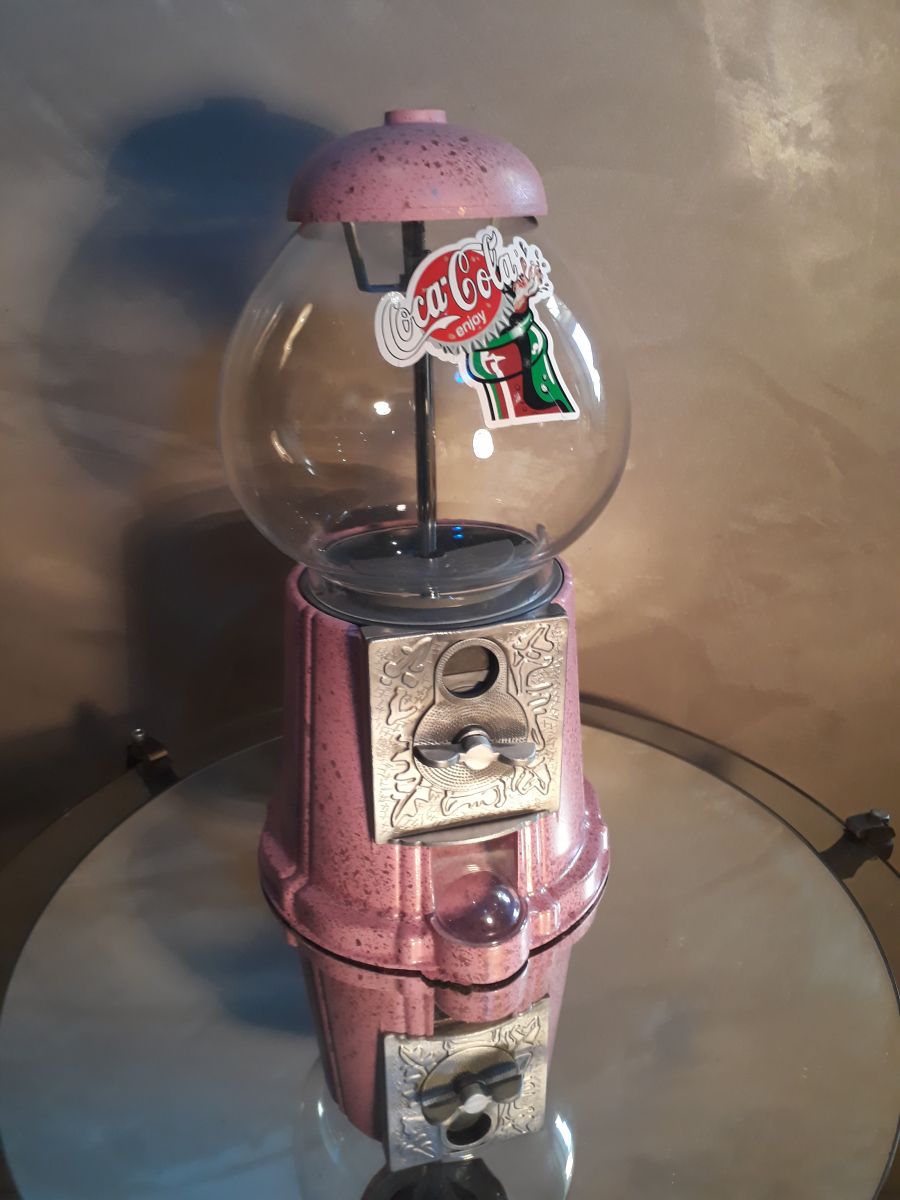 distributeur chewing gum vintage 70s, rose et moucheti or 