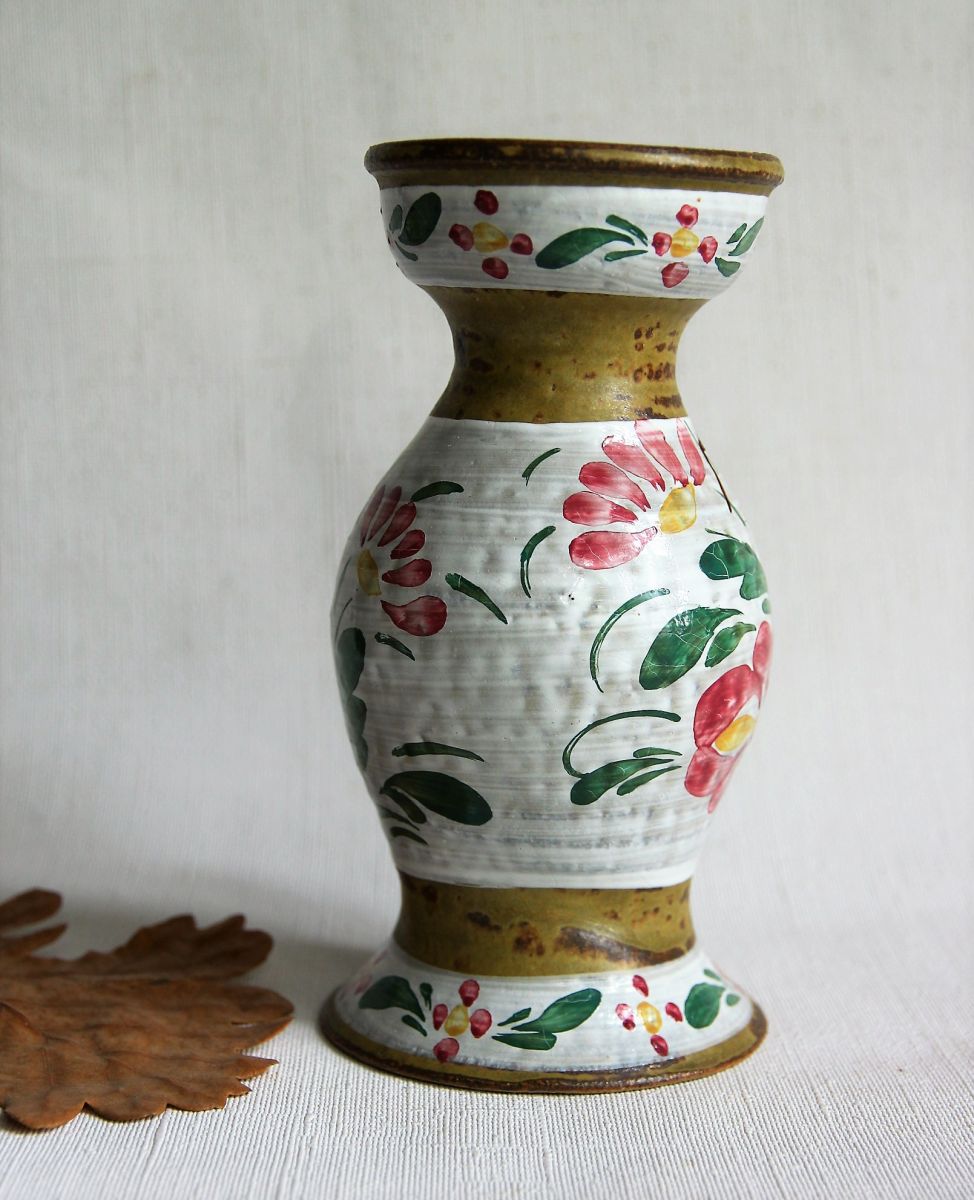 Vase en grès bois Keraluc Quimper. Beau décor fleuri. Luckyfind