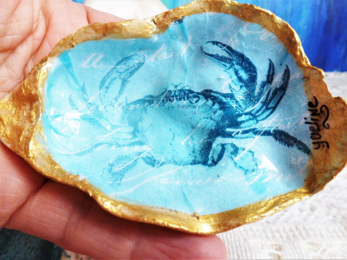 Coquille saint-jacques décorée, coquille huître déco crabe