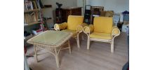 Table basse &amp;amp; Paire de fauteuils en Rotin 70's