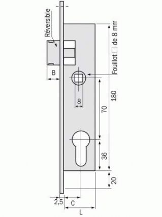 Serrure Métalux DOM bec de canne à cylindre- Tétière INOX Coffre 36 mm 