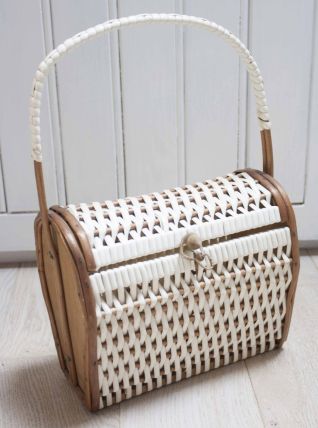 panier en rotin, bois et scoubidou tressé années 60