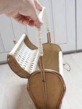 panier en rotin, bois et scoubidou tressé années 60