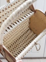 panier en rotin, bois et scoubidou tressé années 60
