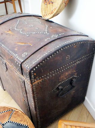 Grande malle en cuir marron vintage 70's 