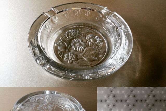 Cendrier en verre gravé fleurs Vintage