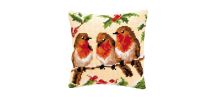 Coussin au point de croix - 40X40 rembourré -  Rouges-Gorges, Multi-Couleurs 3 oiseaux sur une branche, feuillage