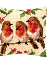 Coussin au point de croix - 40X40 rembourré -  Rouges-Gorges, Multi-Couleurs 3 oiseaux sur une branche, feuillage