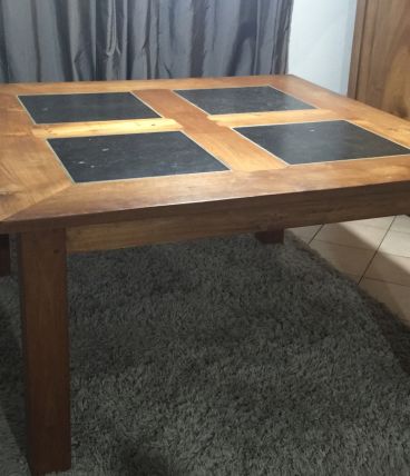 Table en Teck massif et pierre bleue de Hainaut