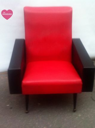 Fauteuil skaï rouge et noir 1960
