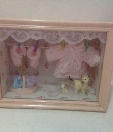 Tableau vitrine :layette et chats