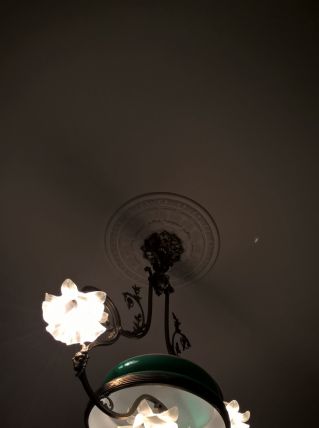 Superbe lustre laiton avec opaline verte et corolles florales