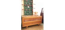 Banc coffre à jouets vintage en bois et rotin 70's