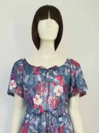 Robe vintage 70ies taille 38 40 fond gris motif fleurs exotiques et ibiscus