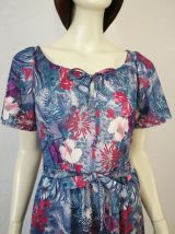 Robe vintage 70ies taille 38 40 fond gris motif fleurs exotiques et ibiscus