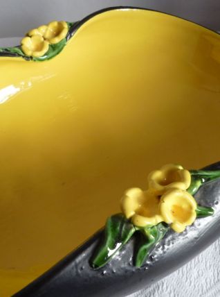 Coupe à fruits, saladier ou plat en céramique noire et jaune