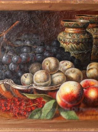 tableau peinture huile sur toile craquelée et signée fruits 