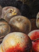 tableau peinture huile sur toile craquelée et signée fruits 