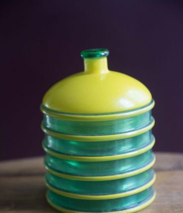 Pot couvert design vintage vert et jaune années 50