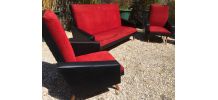 Canapé fauteuil vintage années 50/60 velours rouge Skaï noir