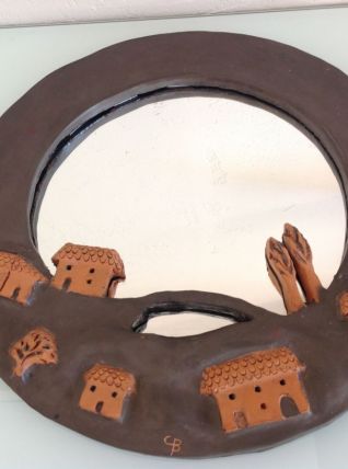 Miroir rond vintage avec cadre en céramique signée CB