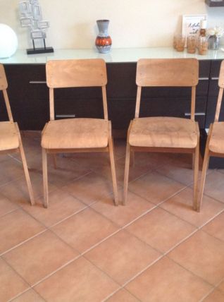 4 CHAISES  BOIS PIEDS COMPAS DESIGN SCANDINAVE INDUSTRIEL