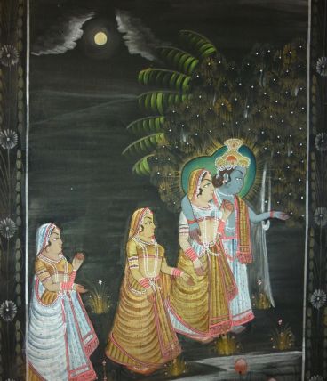 Rare. Peinture indienne Krishna peinte à la main sur tissu 