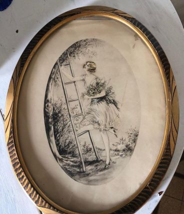 Tableau ancien d'une jeune fille