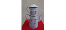 Grande cafetière émaillée blanche à damiers rouge (Années 20