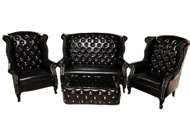 Set Salon Chesterfield Vintage aspect Cuir noir