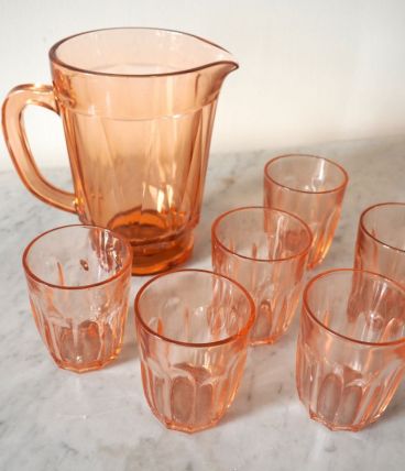 Lot de 6 verres et 1 pichet en verre ambré art déco