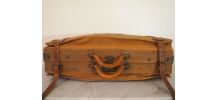 Valise à soufflets d'époque en tissu et lanières de cuir
