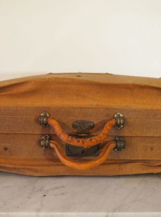 Valise à soufflets d'époque en tissu et lanières de cuir
