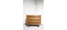 Commode vintage pieds compas bois blond et rotin années 70