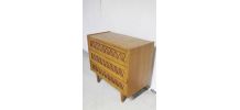 Commode vintage pieds compas bois blond et rotin années 70