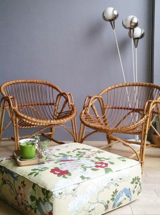 Paire de fauteuils corbeille rotin vintage