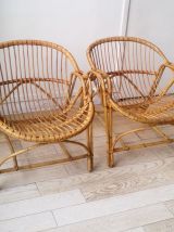 Paire de fauteuils corbeille rotin vintage