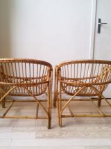 Paire de fauteuils corbeille rotin vintage