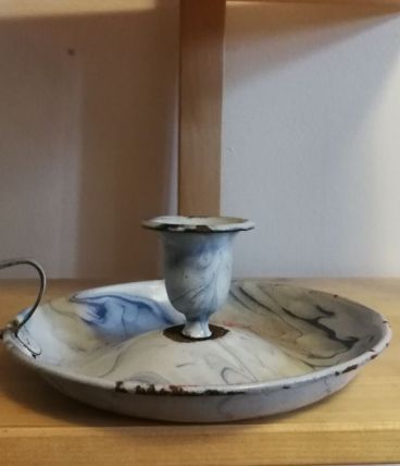 Bougeoir à anse, en émail marbré bleu, Vintage années 60