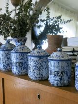 Suite complète pots cuisine émaillés bleu et blanc moucheté 