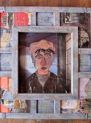 Œuvre originale d'art brut "Le prisonnier" collage,