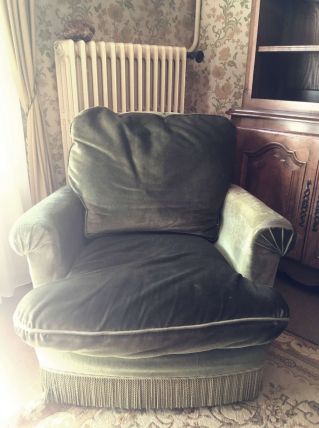Fauteuil crapaud en velours vert, vintage, 1970's