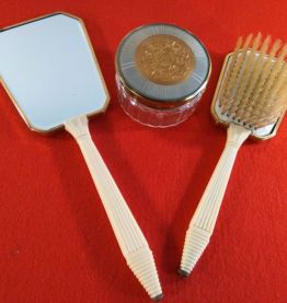 Set de toilette art déco brosse miroir et poudrier 