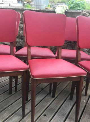 ENSEMBLE DE 6 CHAISES VINTAGE EN CHÊNE MASSIF ET SKAI ROUGE 