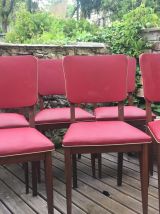 ENSEMBLE DE 6 CHAISES VINTAGE EN CHÊNE MASSIF ET SKAI ROUGE 