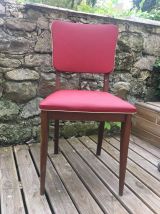 ENSEMBLE DE 6 CHAISES VINTAGE EN CHÊNE MASSIF ET SKAI ROUGE 