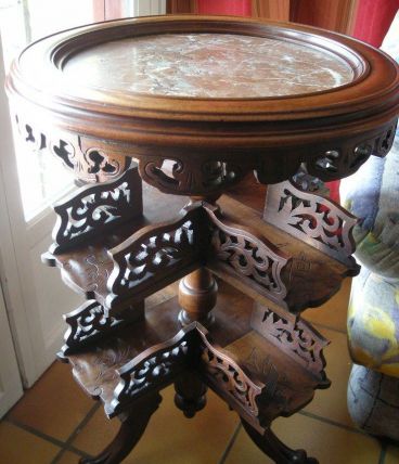 guéridon table à tabac noyer marbre rouge