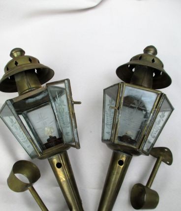 paire de lanternes de cocher fiacre verre gravé