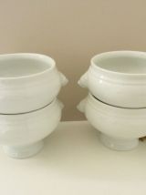 4 bols en porcelaine anses tête de lions, soupe à l'oignon